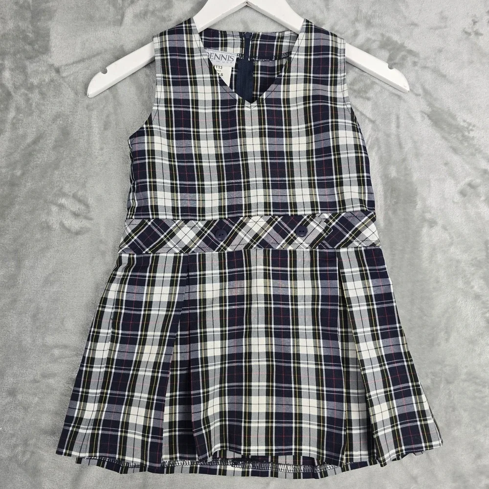 Dennis Uniforms Girls Size‎ G3 Dress Blue Green White Plaid V-Neck Pleated
